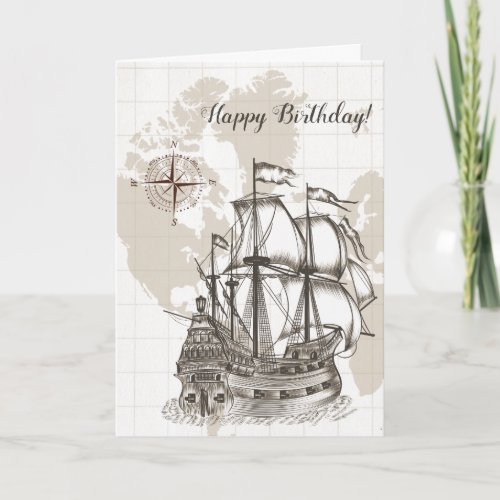 Antique Map and Sailboat Birthday Card