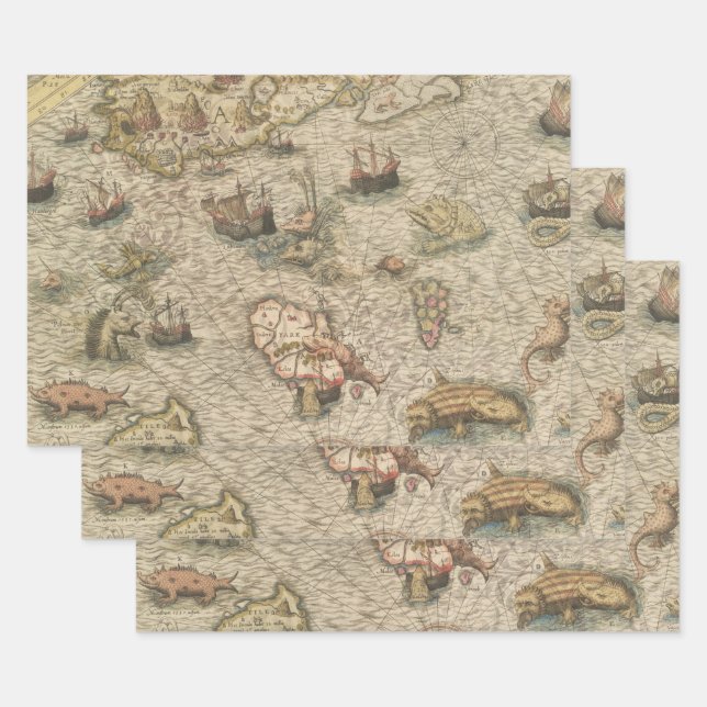 Antique Map and Sea Creatures Wrapping Paper Sheets (Set)