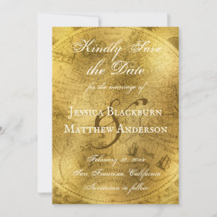 Antique Map Faux Gold Foil Customizable Script Save The Date