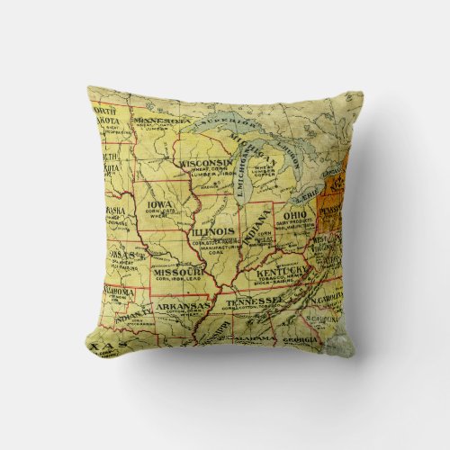 Antique Map Midwestern States USA Throw Pillow