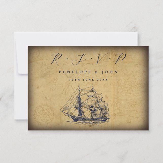 Antique Map Nautical Ship Illustration Wedding RSVP Card (Front)