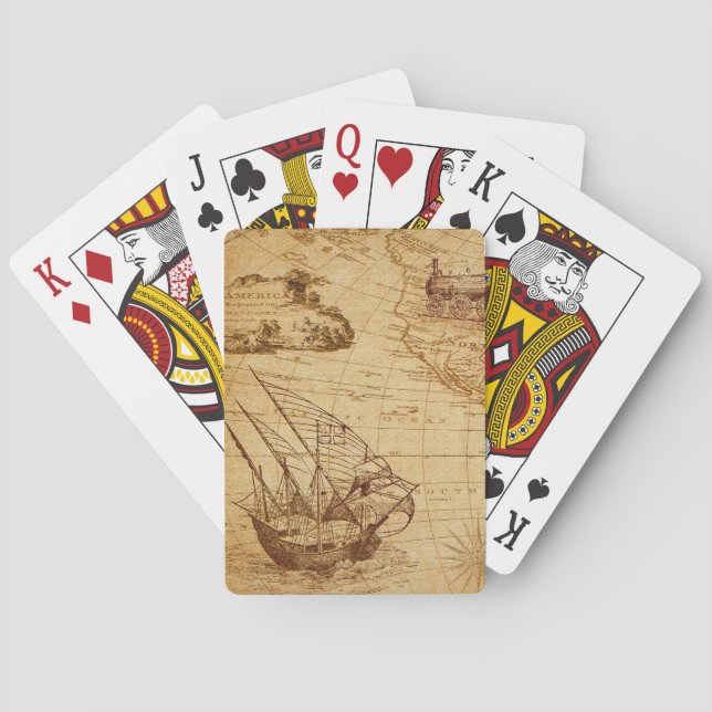 antique map, navigation, travel, sailing ship poker cards (Back)