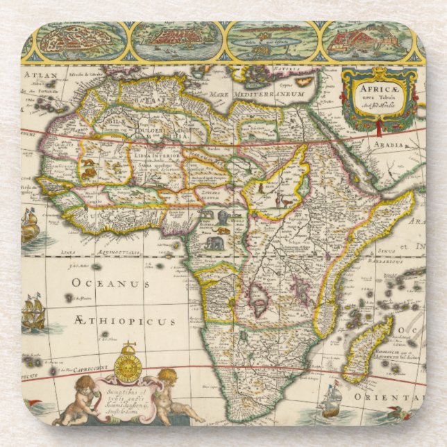 Antique Map of Africa by Hondius and Jansson Beverage Coaster (Front)