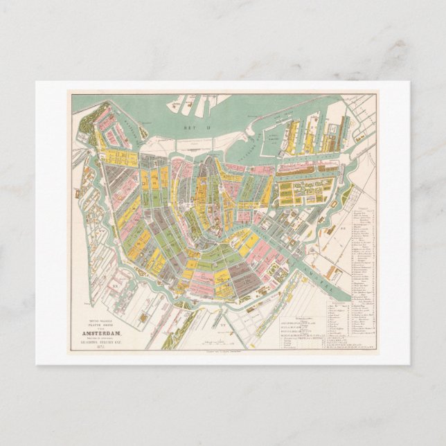 Antique Map of Amsterdam, Netherlands, Postcard (Front)