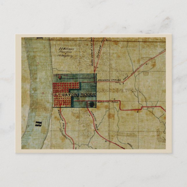 Antique map of Baton Rouge Louisiana Area Postcard (Front)