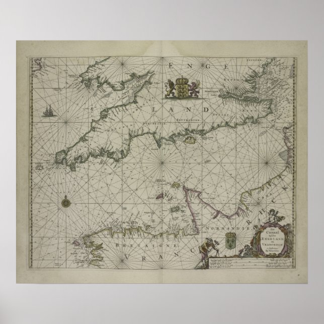 Antique Map of Channel, 1666 (color engraving) Poster (Front)