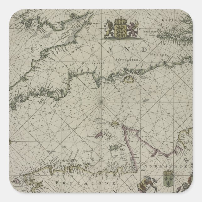 Antique Map of Channel, 1666 (colour engraving) Square Sticker (Front)