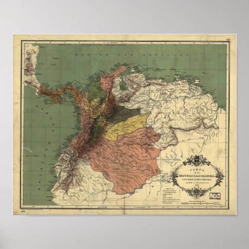 Antique Map of Colombia _ Panama 1886 Poster