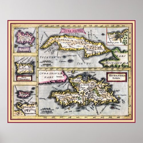 Antique Map of Cuba Haiti Caribbean Islands Poster