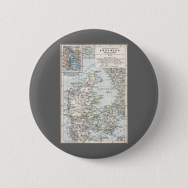 Antique Map of Denmark, Danmark in Danish, 1905 Button (Front)