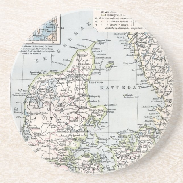 Antique Map of Denmark, Danmark in Danish, 1905 Drink Coaster (Front)