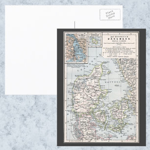Antique Map of Denmark, Danmark in Danish, 1905 Postcard