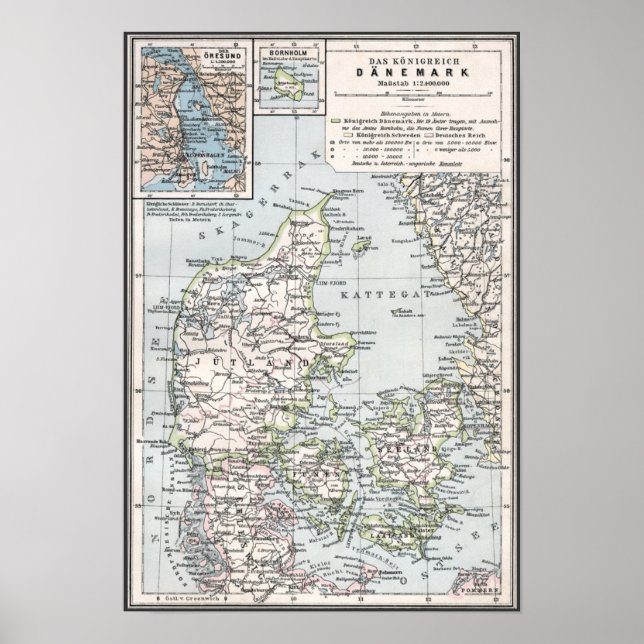 Antique Map of Denmark, Danmark in Danish, 1905 Poster (Front)