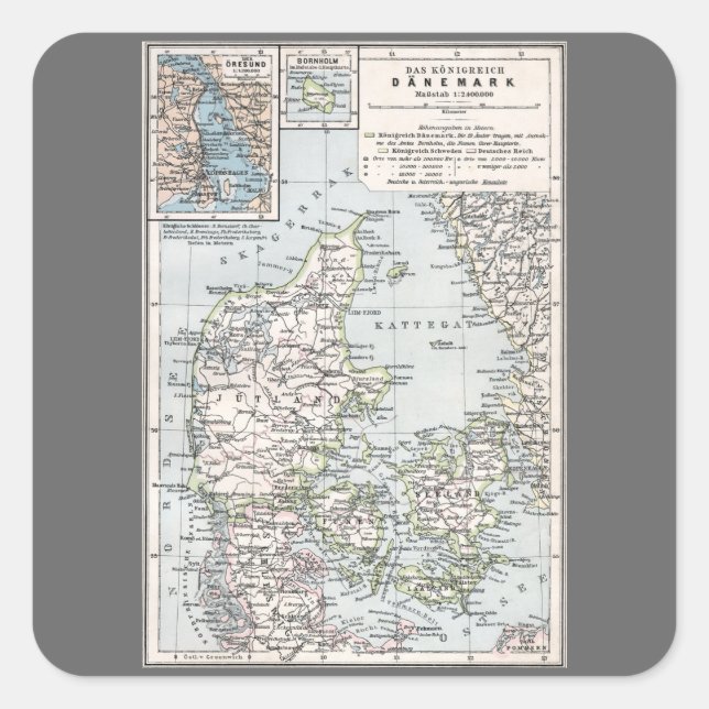 Antique Map of Denmark, Danmark in Danish, 1905 Square Sticker (Front)