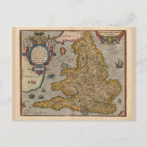 Antique Map of England from 1573 Postcard