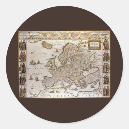 Antique Map of Europe by Willem Jansz Blaeu c1617 Classic Round Sticker