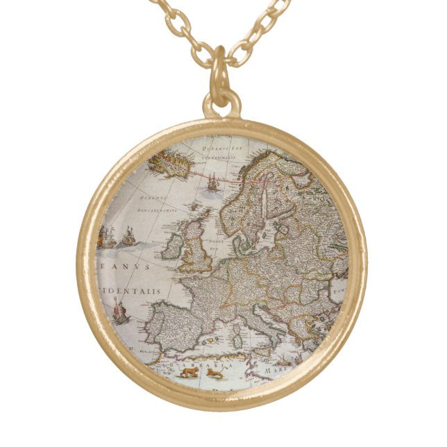 Antique Map of Europe by Willem Jansz Blaeu, c1617 Gold Plated Necklace (Front)