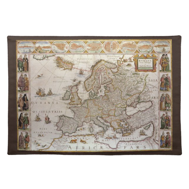Antique Map of Europe by Willem Jansz Blaeu, c1617 Placemat (Front)