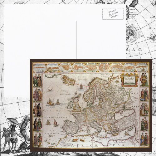 Antique Map of Europe by Willem Jansz Blaeu c1617 Postcard