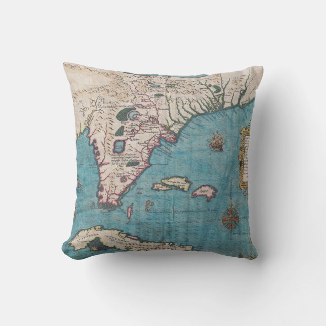 Antique Map of Florida and Cuba Throw Pillow (Front)