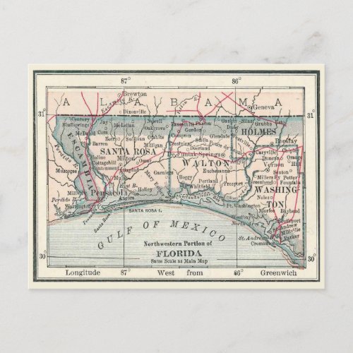 Antique map of Florida Panhandle area Postcard