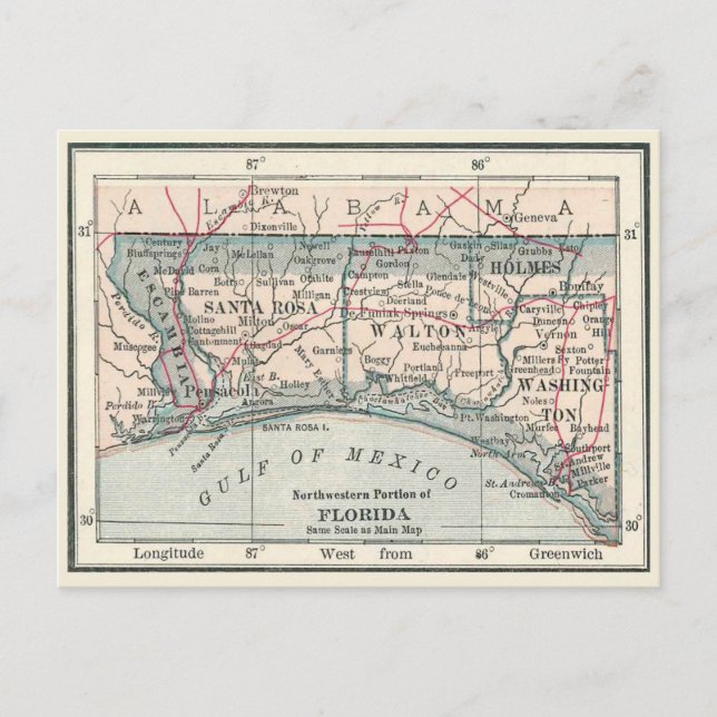 Antique map of Florida Panhandle area Postcard (Front)