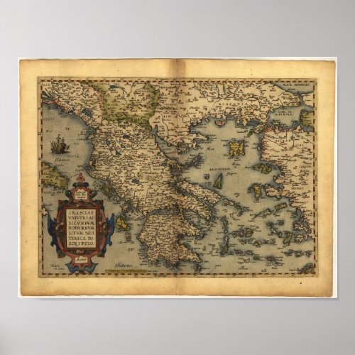 Antique Map of Greece ORTELIUS ATLAS 1570 AD Poster