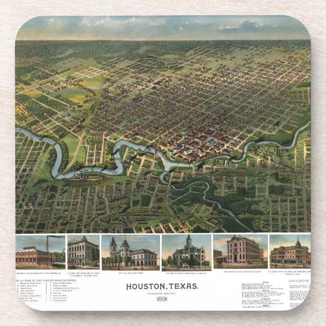 Antique Map of Houston, Texas with Buffalo River Beverage Coaster (Front)