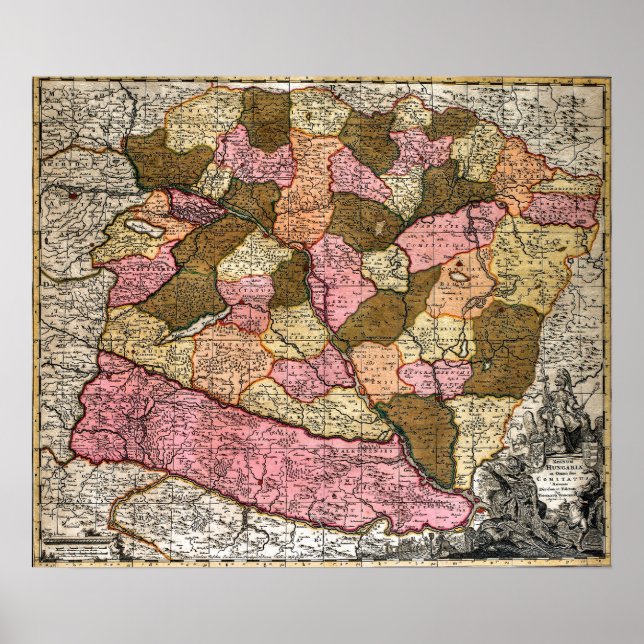Antique Map of Hungary Poster (Front)