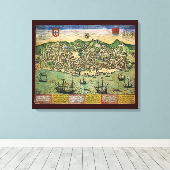 Antique Map of Lisbon, Portugal by Braun/Hogenberg Canvas Print (Insitu(Wood Floor))