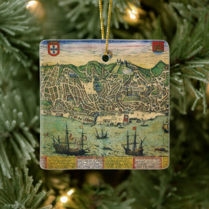 Antique Map of Lisbon, Portugal by Braun/Hogenberg Ceramic Ornament