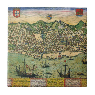 Antique Map of Lisbon, Portugal by Braun/Hogenberg Ceramic Tile