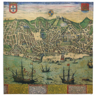 Antique Map of Lisbon, Portugal by Braun/Hogenberg Cloth Napkin