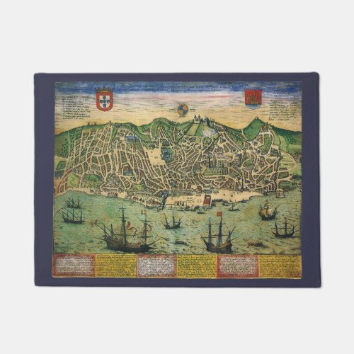 Antique Map of Lisbon Portugal by BraunHogenberg Doormat