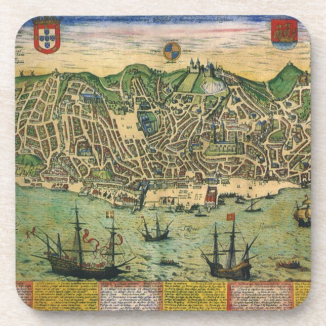 Antique Map of Lisbon, Portugal by Braun/Hogenberg Drink Coaster (Front)
