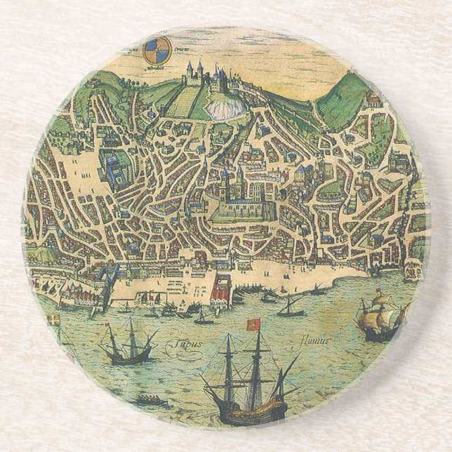 Antique Map of Lisbon, Portugal by Braun/Hogenberg Drink Coaster (Front)