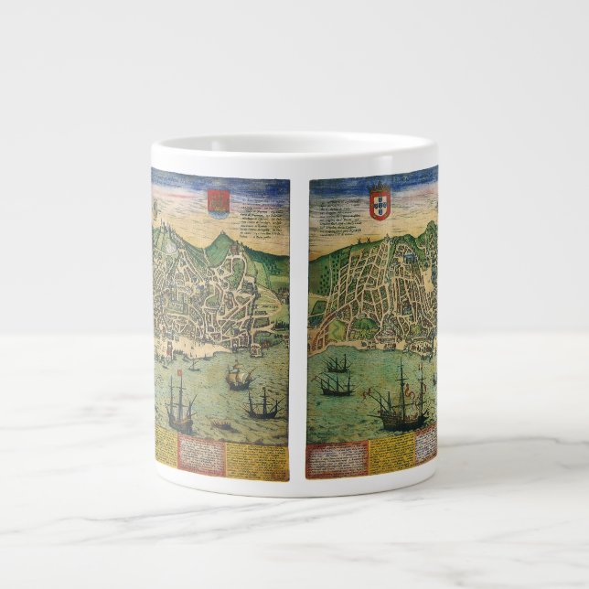 Antique Map of Lisbon, Portugal by Braun/Hogenberg Giant Coffee Mug (Front)