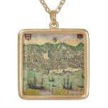 Antique Map of Lisbon, Portugal by Braun/Hogenberg Gold Plated Necklace