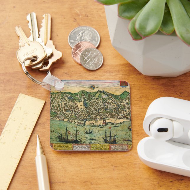 Antique Map of Lisbon, Portugal by Braun/Hogenberg Keychain (Desk)