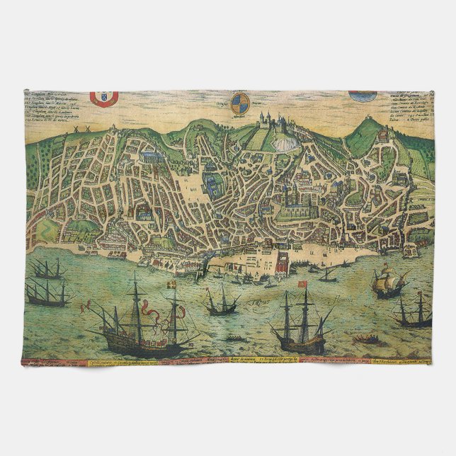 Antique Map of Lisbon, Portugal by Braun/Hogenberg Kitchen Towel (Horizontal)