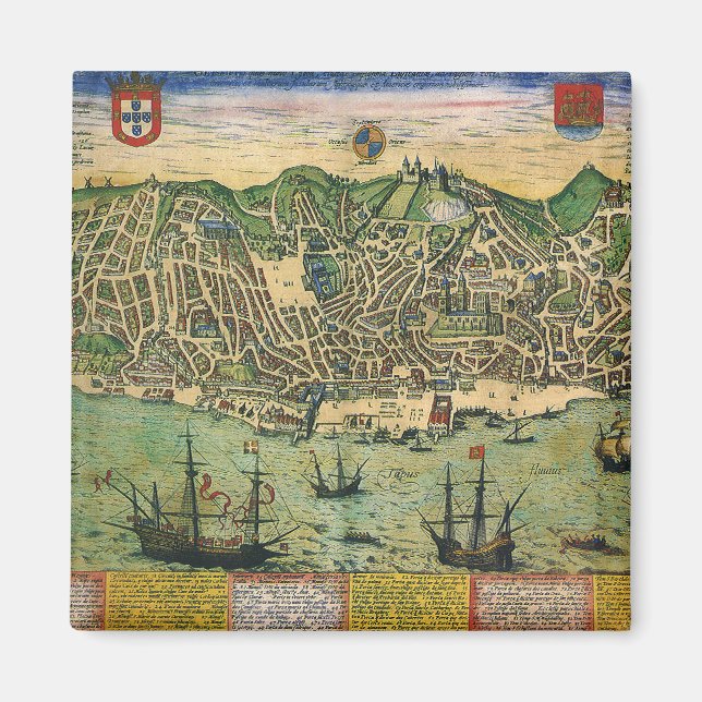 Antique Map of Lisbon, Portugal by Braun/Hogenberg Magnet (Front)