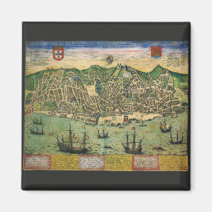 Antique Map of Lisbon, Portugal by Braun/Hogenberg Magnet
