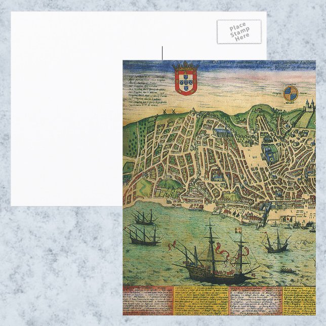 Antique Map of Lisbon, Portugal by Braun/Hogenberg Postcard (Creator Uploaded)