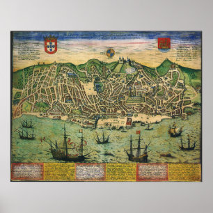Antique Map of Lisbon, Portugal by Braun/Hogenberg Poster