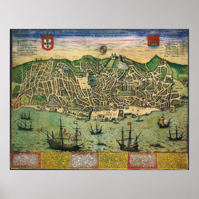 Antique Map of Lisbon, Portugal by Braun/Hogenberg Poster (Front)