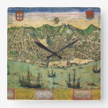 Antique Map of Lisbon, Portugal by Braun/Hogenberg Square Wall Clock
