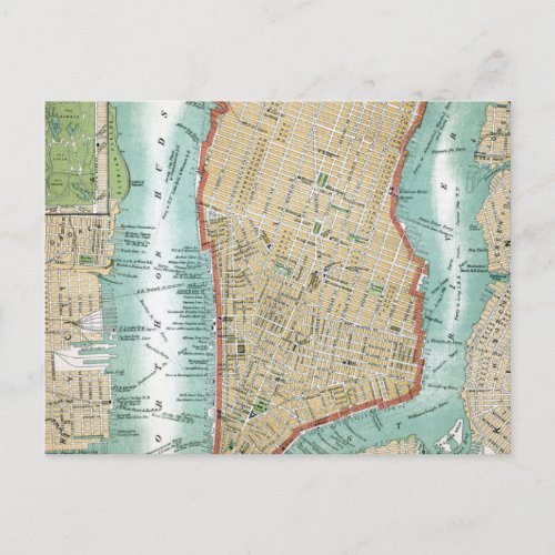 Antique Map of Lower Manhattan and Central Park Postcard