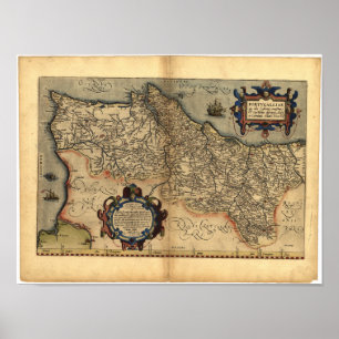 Antique Map of Portugal ORTELIUS ATLAS 1570 A.D. Poster