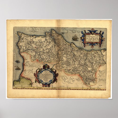 Antique Map of Portugal ORTELIUS ATLAS 1570 AD Poster