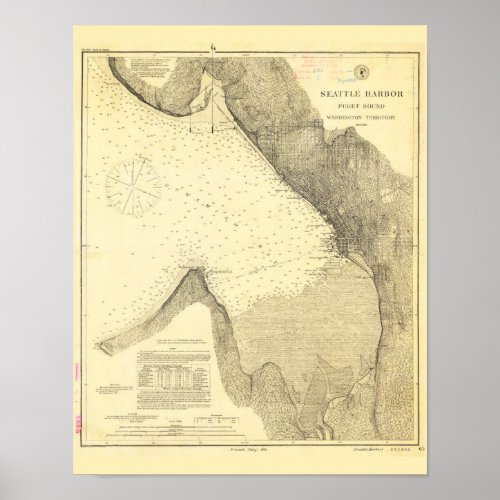 Antique Map of Seattle Harbor and Puget Sound Poster